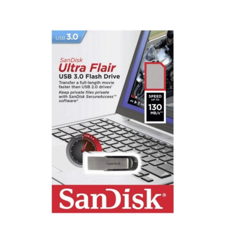 Mémoire USB 3.0 Sandisk Ultra Flair 16 Go - Transfert jusqu'à 130 Mo/s - Design en métal - Couleur acier/noir