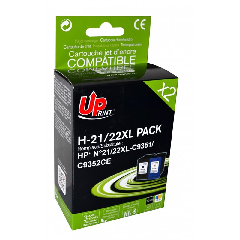 Uprint - Lot de 2 Cartouches compatibles HP 21XL/ 22XL (C9351A/C9352A) - ( Noire+Couleur) - 22ml+18ml