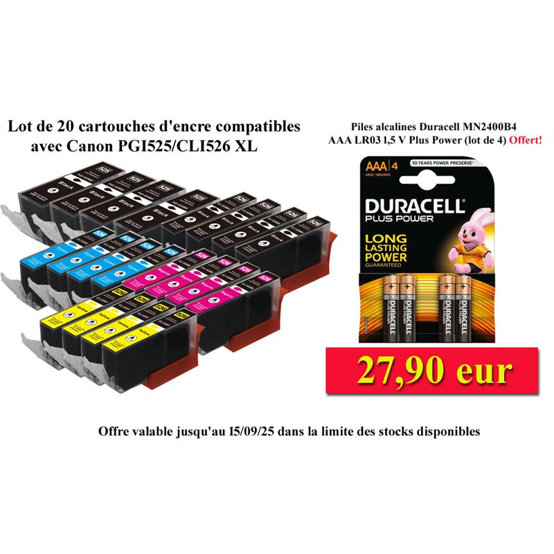 Lot de 10 cartouches compatibles Canon PGI-525/CLI526 (avec puce) Lot de 10 cartouches compatibles Canon PGI-525/CLI526 (avec puce)