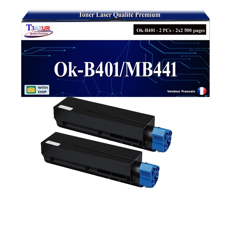 Lot de 2 Toners Compatibles OKI B401 Noir – T3AZUR – Haute Qualité pour OKI B401 / MB441 / MB451