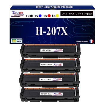 Lot de 4 Cartouches de toner génériques HP W2210X/W2210A - Remplace 207X/207A (avec puce)