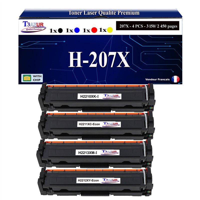 Lot de 4 Cartouches de toner génériques HP W2210X/W2210A - Remplace 207X/207A (avec puce) Lot de 4 Cartouches de toner génériques HP W2210X/W2210A - Remplace 207X/207A (avec puce)