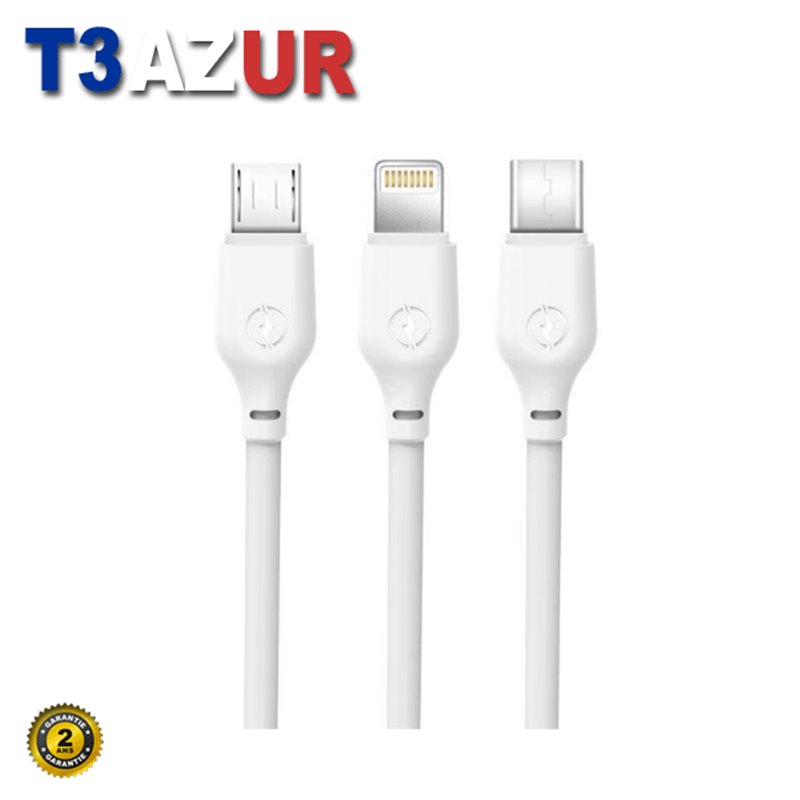 Câble de Charge Rapide XO 3 en 1 - Micro, Type C et Lightning vers USB - 1m - Couleur Blanche