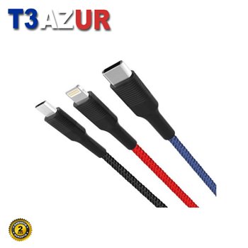 Câble XO Tressé USB-A Mâle vers USB-C, MicroUSB et Lightning - Charge Rapide 2A - Longueur 1.20m