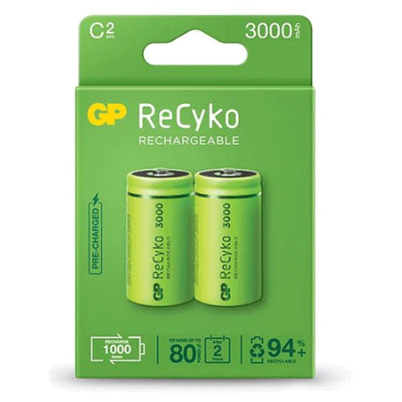 GP ReCyko Pack de 2 Batteries Rechargeables 3000mAh C 1.2V - Préchargées - Durée de vie : Jusqu'à 1000 fois