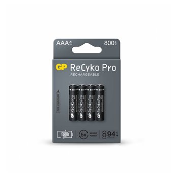 GP ReCyko Pro Pack de 4 Piles Rechargeables 800mAh AAA 1,2V - Préchargées - Durée de vie : Jusqu'à 1 500 fois