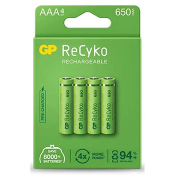 GP ReCyko Pack de 4 Piles Rechargeables 650mAh AAA 1.2V - Préchargées - Fabriquées avec plus de 10% de matériaux recyclés