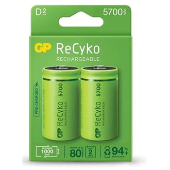 GP ReCyko Pack de 2 Batteries Rechargeables 5700mAh D 1.2V - Préchargées - Cycle de vie : Jusqu'à 1000 fois