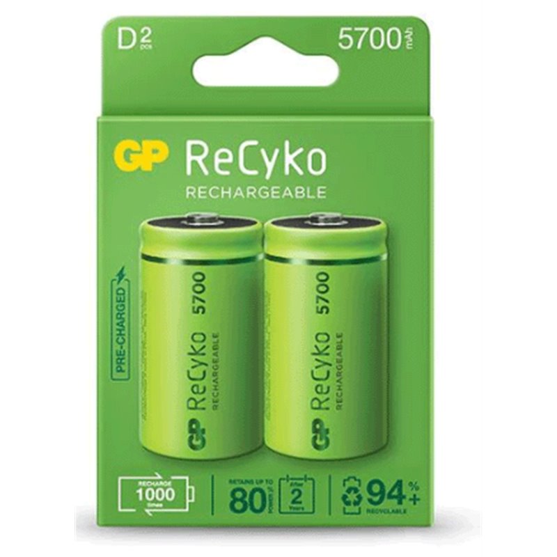 GP ReCyko Pack de 2 Batteries Rechargeables 5700mAh D 1.2V - Préchargées - Cycle de vie : Jusqu'à 1000 fois