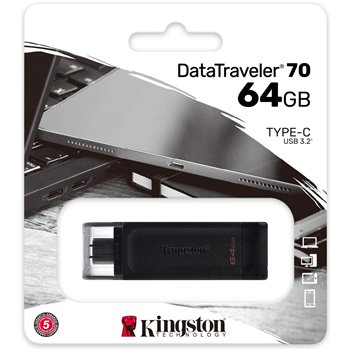 Mémoire USB Type C Kingston DataTraveler 70 64 Go - USB-C 3.2 Gen 1 - Avec couvercle - Noir (Pendrive)