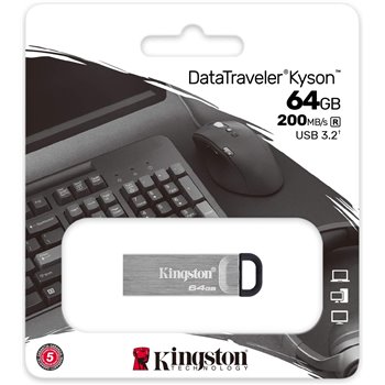 Clé USB Kingston DataTraveler Kyson 64 Go - 3.2 Gen 1 - Lecture 200 Mo/s - Design métallique - Couleur argent (Pendrive)