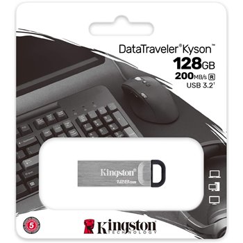 Clé USB Kingston DataTraveler Kyson 128 Go - 3.2 Gen 1 - Lecture 200 Mo/s - Design métallique - Couleur argent (Pendrive)