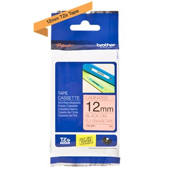 Ruban pour étiquettes laminé fluorescent original Brother TZeB31 - Texte noir sur fond orange - Largeur 12 mm x 5 mètres