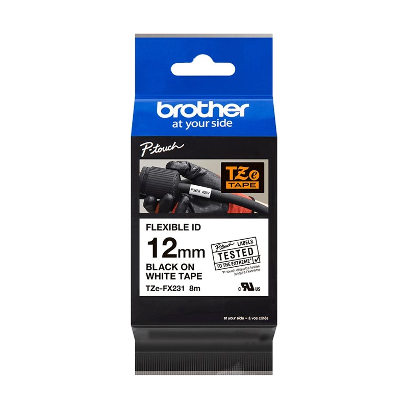 Brother TZeFX231 Ruban pour étiquettes laminé flexible original - Texte noir sur fond blanc - Largeur 12 mm x 8 mètres