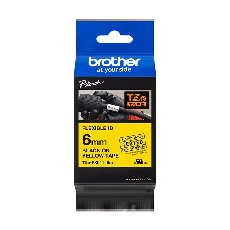 Ruban pour étiquettes laminé flexible original Brother TZeFX611 - Texte noir sur fond jaune - Largeur 6 mm x 8 mètres