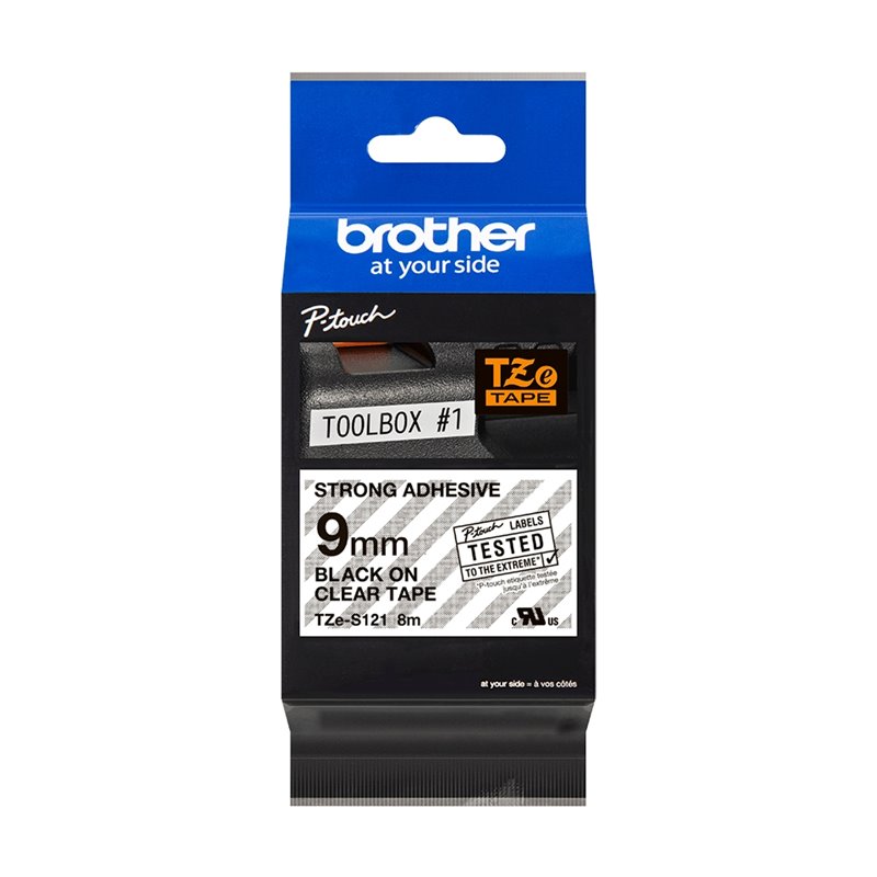 Brother TZeS121 Ruban pour étiquettes laminé super adhésif original - Texte noir sur fond transparent - Largeur 9 mm x 8 mètres