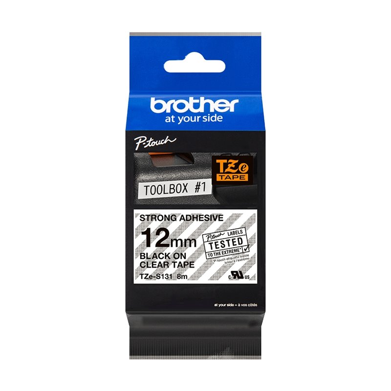 Brother TZeS131 ​​​​Ruban d'étiquettes laminé super adhésif original - Texte noir sur fond transparent - Largeur 12 mm x 8 mètre