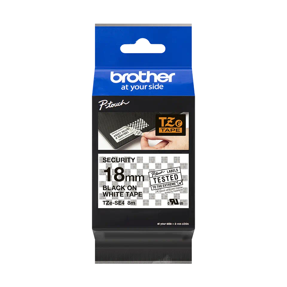 Ruban d'étiquettes de sécurité laminé original Brother TZeSE4 - Texte noir sur fond blanc - Largeur 18 mm x 8 mètres