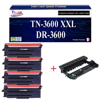 Kit Tambour+4Toners compatibles avec Brother TN3600XXL / DR3600