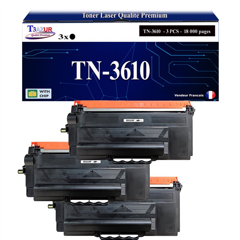 Lot de 3 Toners compatibles avec Brother TN3610 Noir- 18 000 pages