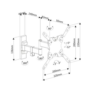 Support mural TV Ewent EW1522 - 3 points d'articulation - Supporte jusqu'à 42" - 20 kg - Noir