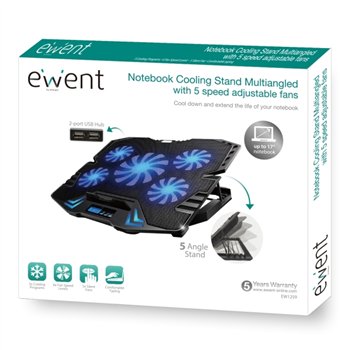 Support pour ordinateur portable Ewent - 5 ventilateurs silencieux jusqu'à 17" - 2 ports USB - 5 vitesses de ventilation