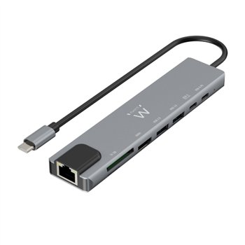 Station d'accueil USB-C Ewent 8 en 1 - HDMI 4K - PD 87 W - USB-C - 2 x USB-A - LAN - Lecteur de cartes - Argent