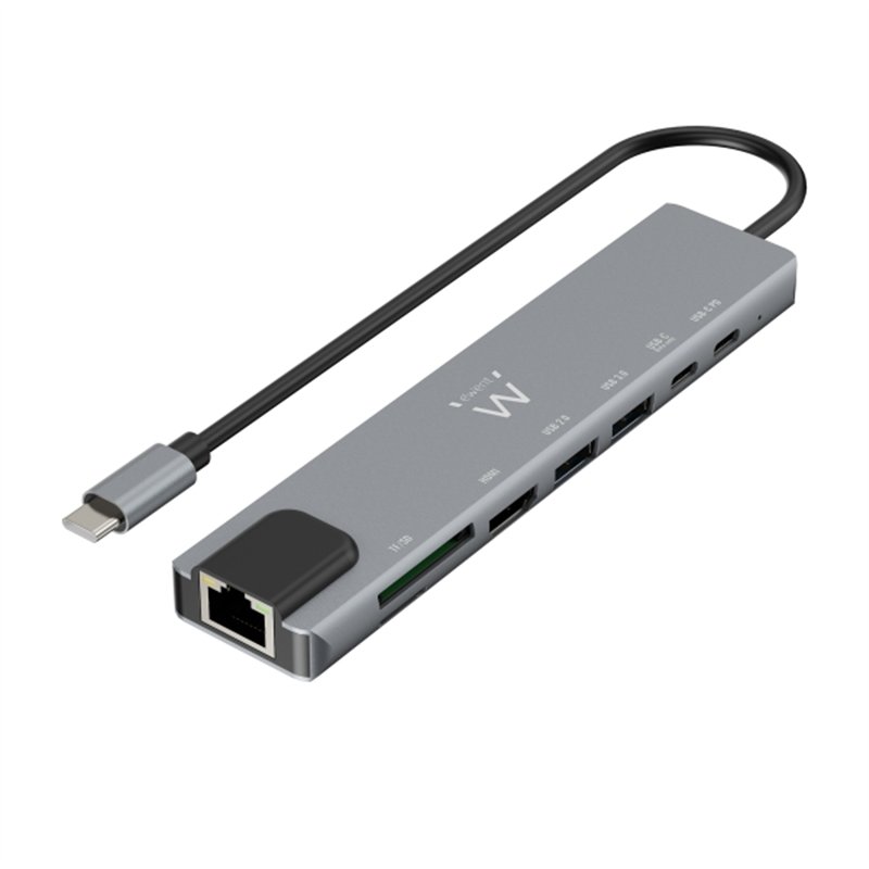 Station d'accueil USB-C Ewent 8 en 1 - HDMI 4K - PD 87 W - USB-C - 2 x USB-A - LAN - Lecteur de cartes - Argent
