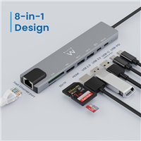 Station d'accueil USB-C Ewent 8 en 1 - HDMI 4K - PD 87 W - USB-C - 2 x USB-A - LAN - Lecteur de cartes - Argent
