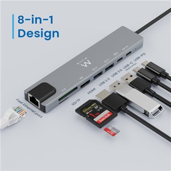 Station d'accueil USB-C Ewent 8 en 1 - HDMI 4K - PD 87 W - USB-C - 2 x USB-A - LAN - Lecteur de cartes - Argent
