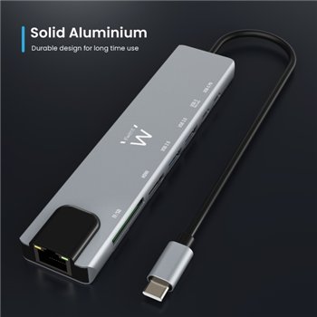 Station d'accueil USB-C Ewent 8 en 1 - HDMI 4K - PD 87 W - USB-C - 2 x USB-A - LAN - Lecteur de cartes - Argent