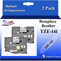 Ruban pour étiquettes laminé générique Brother TZe141 - Texte noir sur fond transparent - Largeur 18 mm x 8 mètres