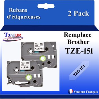 Ruban pour étiquettes laminé générique Brother TZe151 - Texte noir sur fond transparent - Largeur 24 mm x 8 mètres