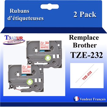 Ruban générique Brother TZE-232 (TZ-232)- Rouge/Blanche- 12mm * 8m