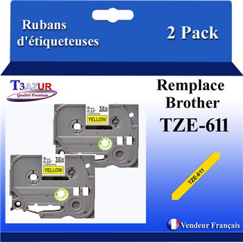 Ruban générique Brother TZE-611 (TZ-611)- Noire/Jaune- 6mm * 8m