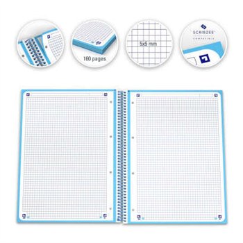 Lot de 10 Cahier à spirales Oxford Europeanbook 1, format A4+, quadrillé 5 x 5 mm, 80 feuilles, bande colorée - Turquoise