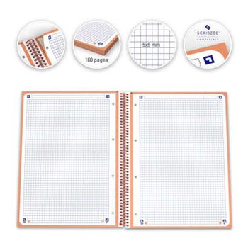 Lot de 10 Cahier à spirales Oxford Europeanbook 1, format A4+, quadrillé 5 x 5 mm, 80 feuilles, bande colorée - Pêche