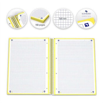 Lot de 10 Cahier à spirales Oxford Europeanbook 1, format A4+, quadrillé 5 x 5 mm, 80 feuilles, bande colorée - Jaune