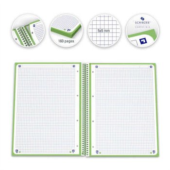 Lot de 10 Cahier à spirales Oxford Europeanbook 1, format A4+, quadrillé 5 x 5 mm, 80 feuilles, bande colorée - Vert pomme