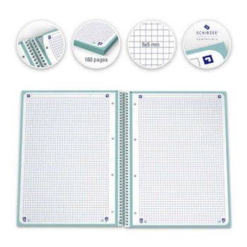 Lot de 10 Cahier à spirales Oxford Europeanbook 1, format A4+, quadrillé 5 x 5 mm, 80 feuilles, bande colorée - Menthe glacée