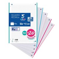 Lot de 5 Recharges de papier Oxford 5 A4 quadrillé 5 x 5 mm, 4 trous - 100 feuilles + 20 feuilles gratuites - 5 bandes pastel