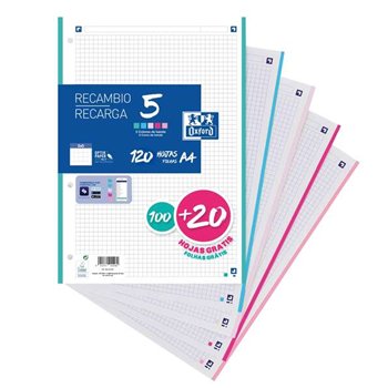 Lot de 5 Recharges de papier Oxford 5 A4 quadrillé 5 x 5 mm, 4 trous - 100 feuilles + 20 feuilles gratuites - 5 bandes pastel