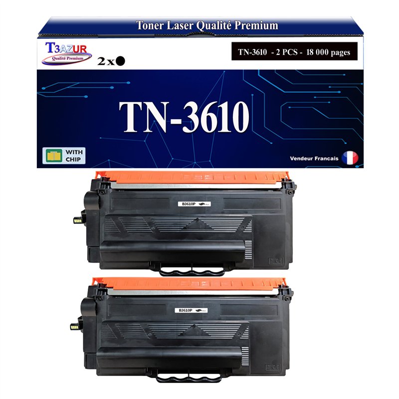 Lot de 2 Toners compatibles avec Brother TN3610 Noir- 18 000 pages