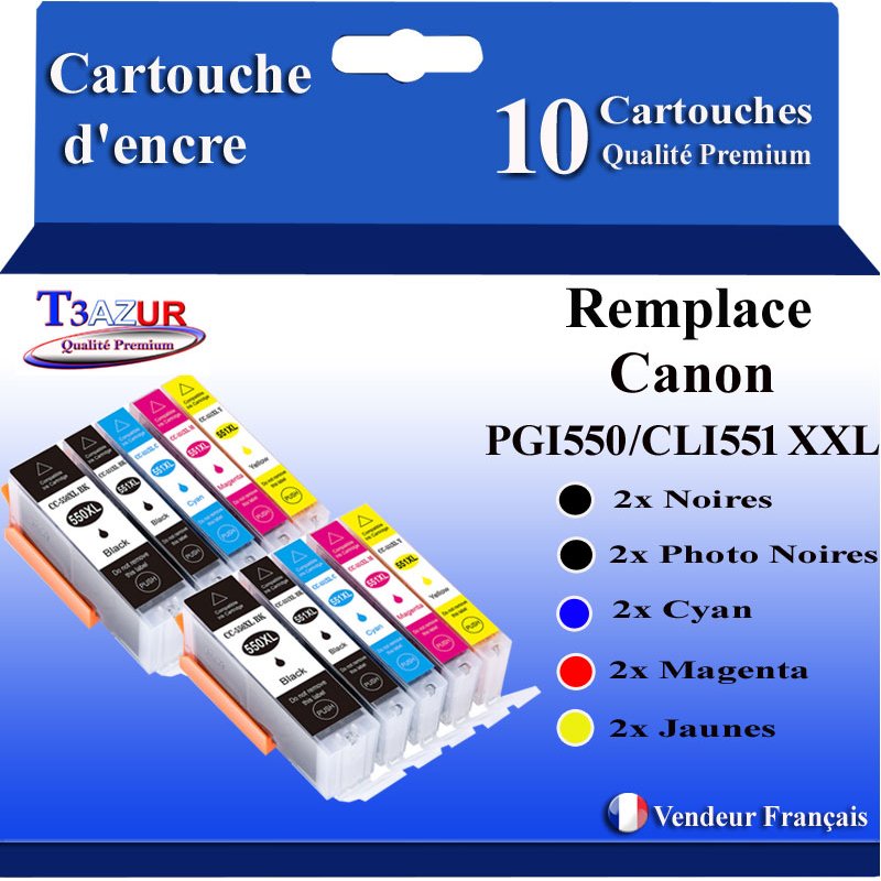 Lot de 10 Cartouches compatibles pour Canon PGI-550 XL / CLI-551 XL (avec puce)
