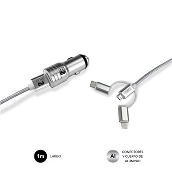 Chargeur de voiture double USB Subblim - Longueur : 1 m - Charge rapide jusqu'à 2 400 A/12 W - Couleur : argent