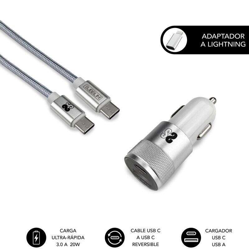 Chargeur de voiture double Subblim PD20W + QC3.0 + câble USB-C vers USB-C/Lightning - 20 W - Argent