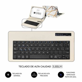 Étui universel Bluetooth Subblim Keytab Pro 9-10,1" - Sans fil - Bluetooth - Couleur marbre blanc