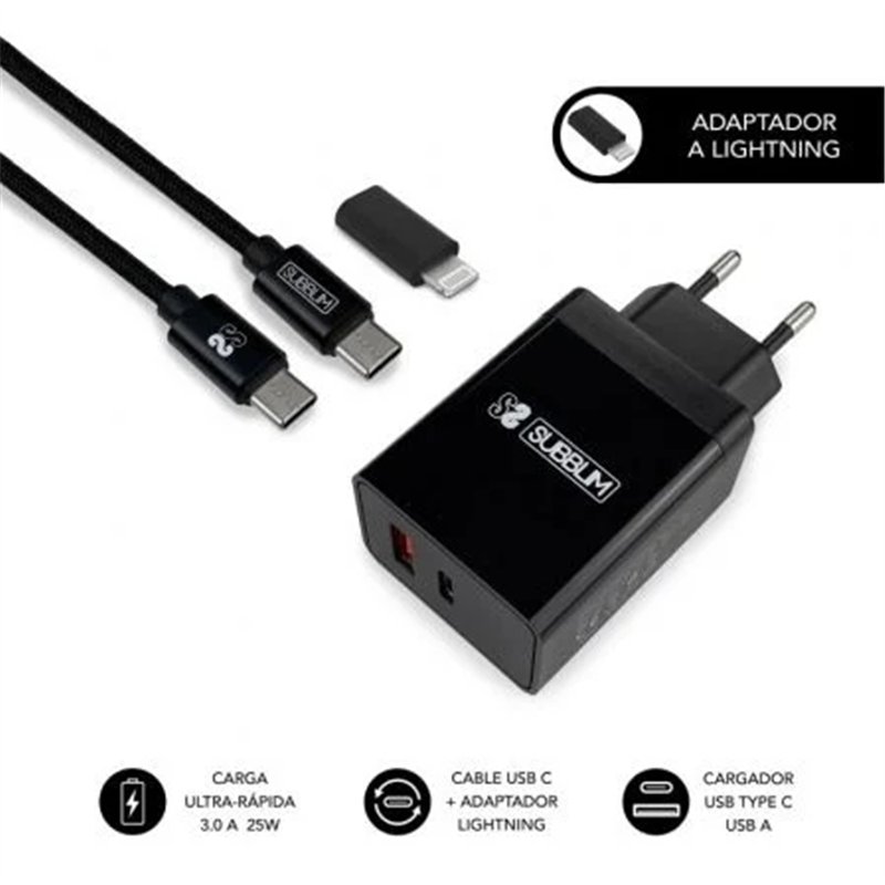 Chargeur secteur Subblim à 2 ports - 25 W - Charge rapide PD 3.0/2.0/Quick Charge 3.0/4.0/2.0 