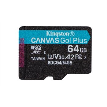 Carte microSDXC Kingston Canvas Go Plus 64 Go UHS-I U3 V30 Classe 10 200 Mo/s avec adaptateur
