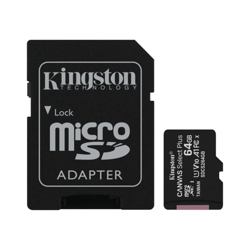 Carte microSDXC Kingston 64 Go Classe 10 100 Mo/s Canvas Select Plus + adaptateur SD